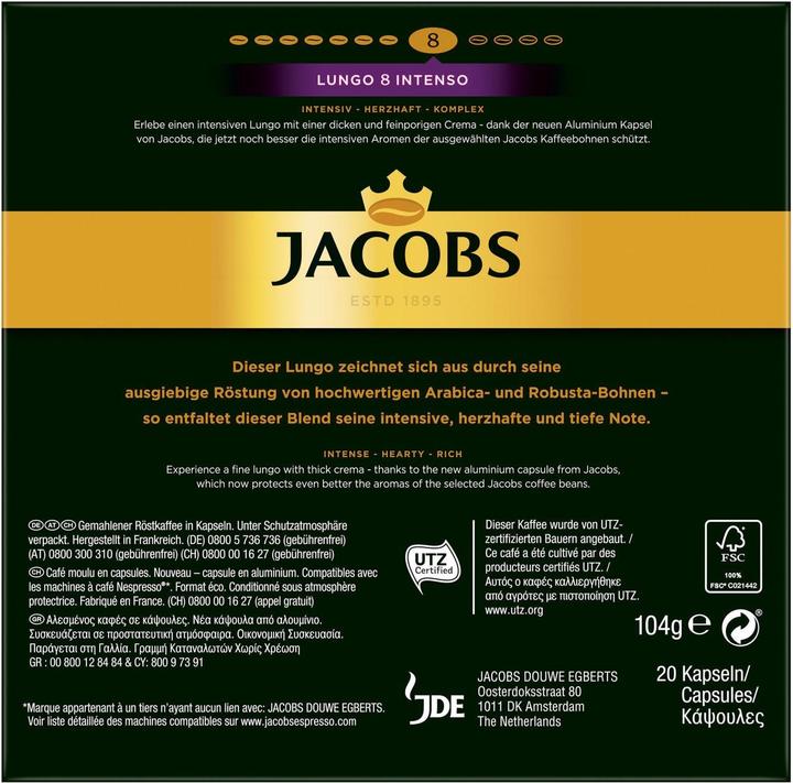 Valori nutrizionali e ingredienti Jacobs Lungo 8 Intenso (20 x Porta.)