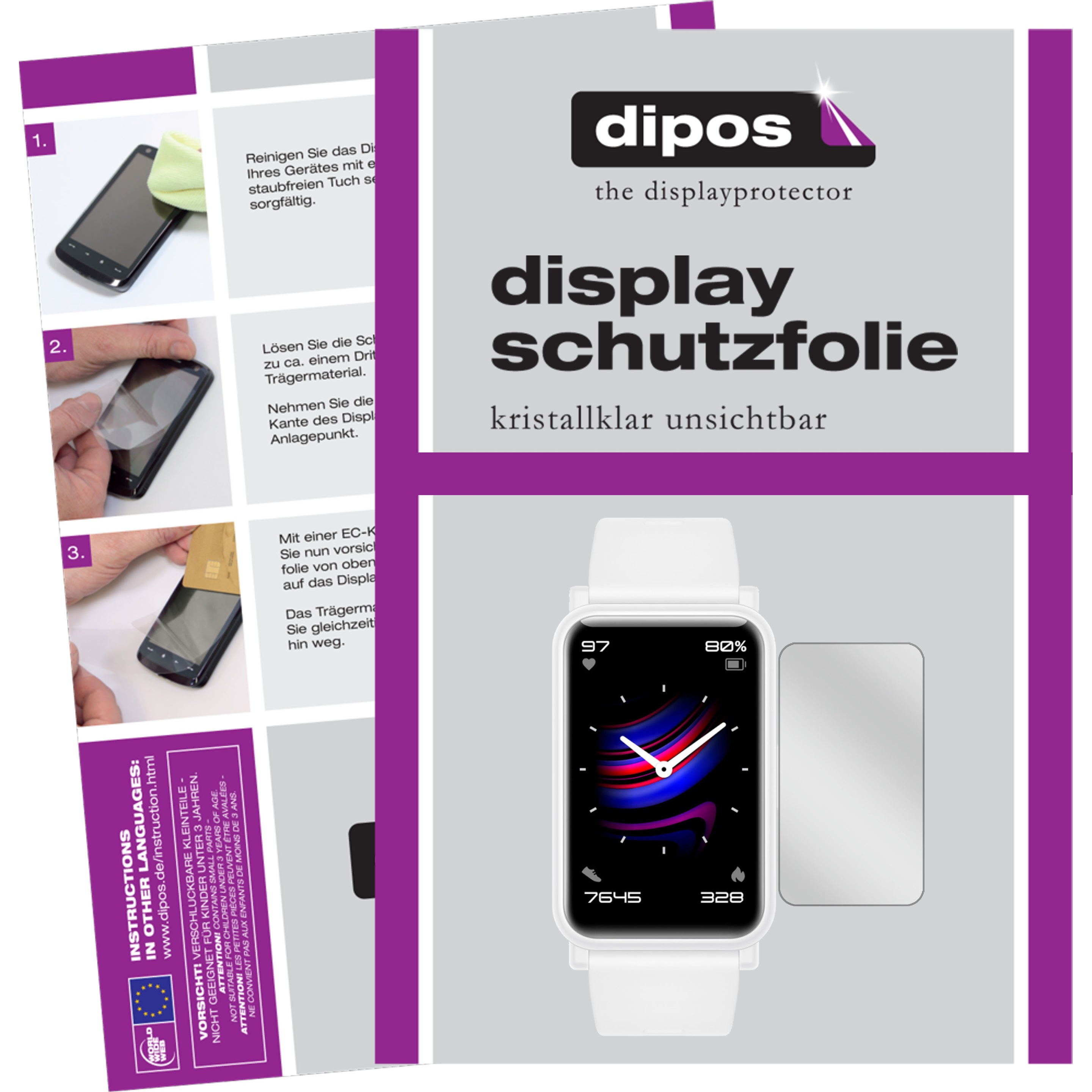 Dipos Displayschutzfolie Crystalclear, Smartwatch Schutzfolie, Transparent