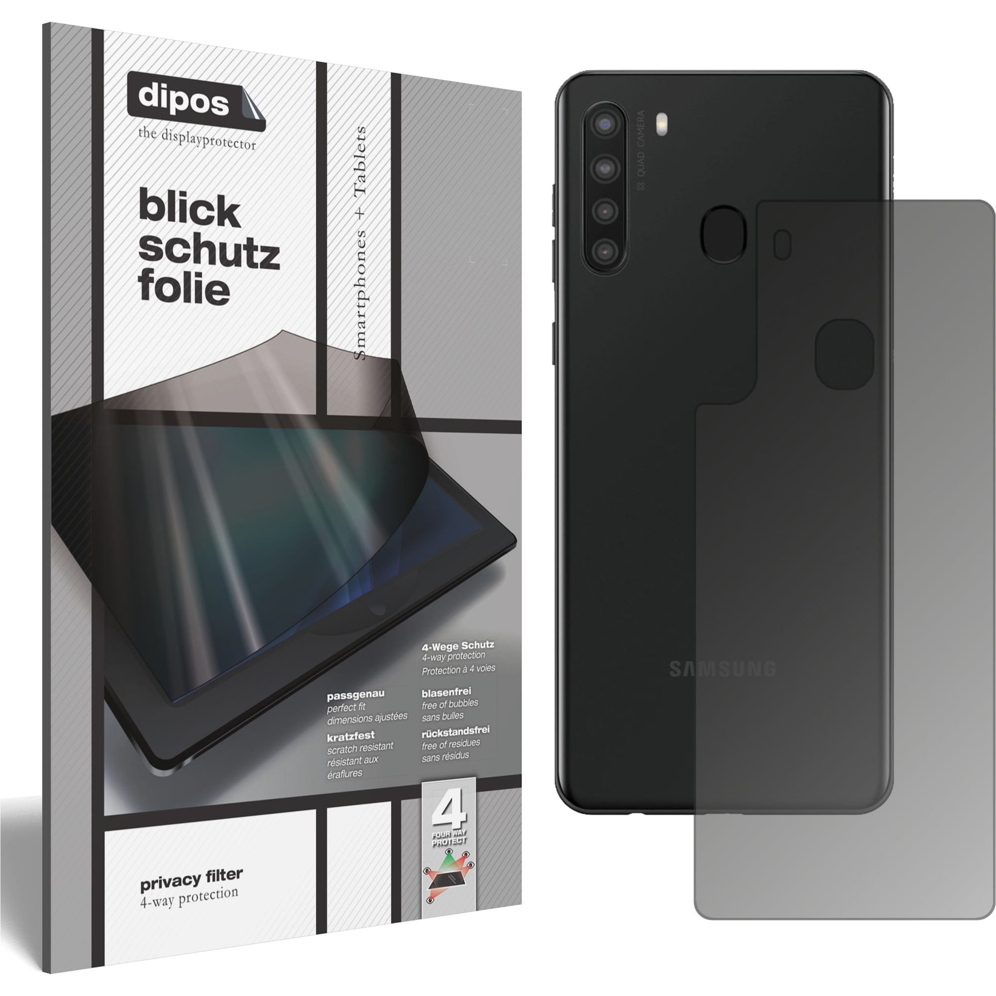 Dipos Blickschutzfolie 4-Way Privacy (1 Stück, Galaxy A21), Smartphone Schutzfolie, Transparent