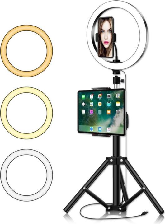 Deltalabs XXL Dual Tripod Dreibein Stativ Halterung mit 10" LED Ringleuchte + Fernbedienung (Ringleuchte)
