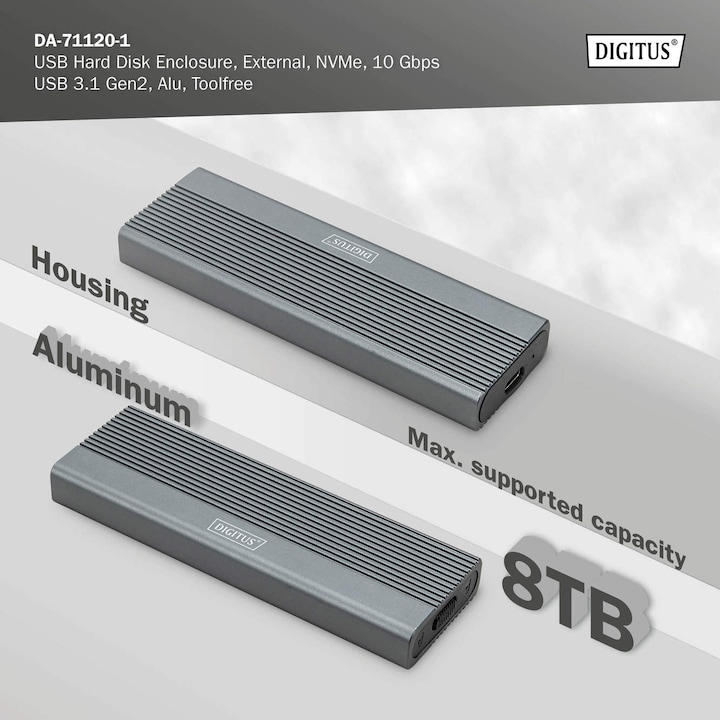 Actual product image Digitus USB M.2 hard disk enclosure, SSD, external, NVMe, 10Gbps, USB 3.1 Gen2, aluminum, toolfree (M.2 2242, M.2 2260, M.2 2280, M.2 2230)