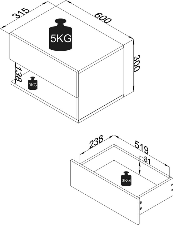 Produktbild VCM Holz Wandschublade Nachtschrank Wandboard Schublade Konsole Nachttisch Usal XL 60 cm (60 x 32 cm)