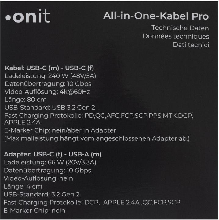 Actual product image Onit USB cable All-in-One Pro 240 W, 0.9 m (0.90 m, USB 3.2 Gen 2, 240 W)