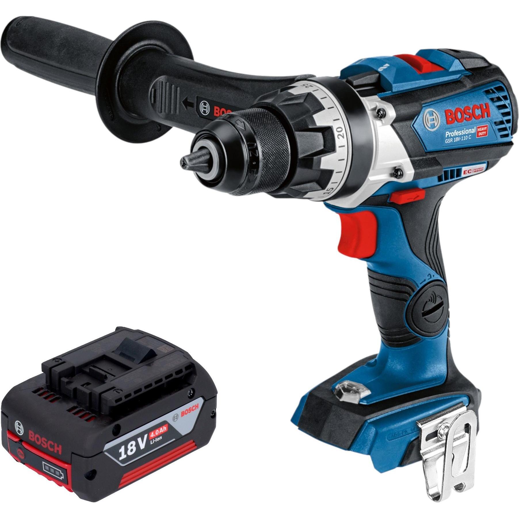 Bosch Professional, Trapano + Avvitatore a batteria, Bosch GSR 18V-110 C Professional Akku Bohrschrauber 18 V 110 Nm Brushless + 1x Akku 4,0 Ah - ohne