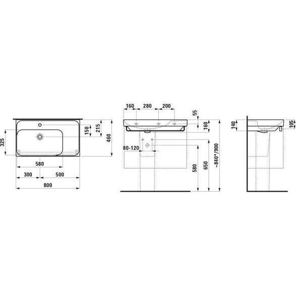Thumbnail - Laufen, Waschbecken, Meda Waschtisch, unterbaufähig, 800x460mm, Ablage rechts, 1 Hahnloch, mit Überlauf (830 mm, 198 mm)