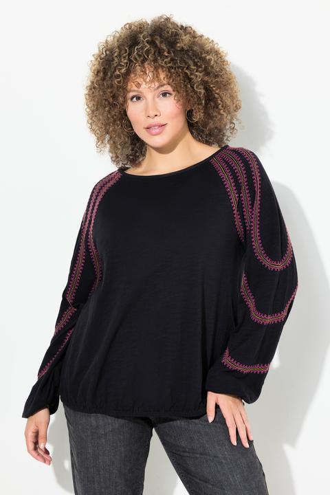 Image du produit Ulla Popken T-shirt à col rond et manches longues, broderie et base élastique (50, 52)