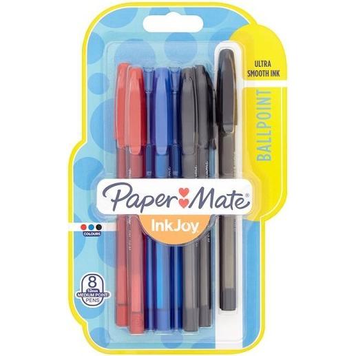 Paper Mate, Schreibstifte, Kugelschreiber InkJoy 100 Kappe M S/B/R/G (Blau, Schwarz, Rot, 8 x)