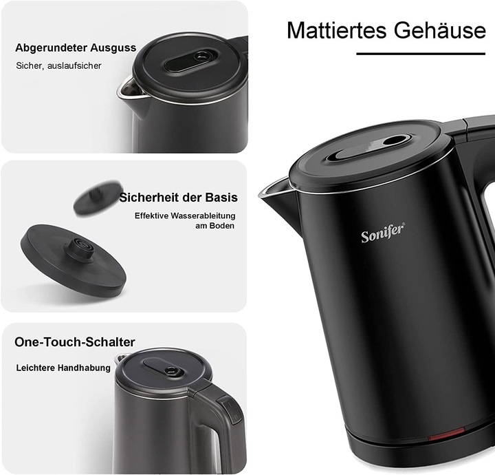 Produktbild Sonifer 0,8l Edelstahl Wasserkocher Glaenzend Schwarz