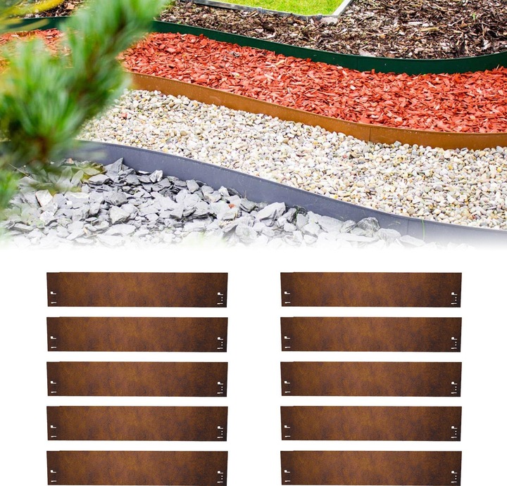 Produktbild Green Split 10er Set Rasenkante Cortenstahl 70 cm lang, 13,5 - 18,5 cm hoch, Beeteinfassung, Beetumrandung - Met (70 cm)