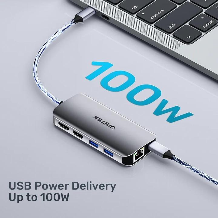 Actual product image Unitek AKTYWNY HUB USB-C 2X HDMI CZYTNIK SD 4K RJ-45 PD 100W 5 GBPS (USB-C, 8 Ports)