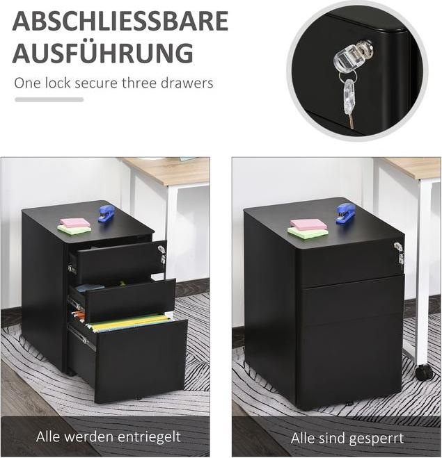Image du produit Swisshandel24 Caisson roulant, appareil mobile avec 3 tiroirs, armoire de bureau, rangement, acier, noir, 39 (39 x 48 x 59 cm)