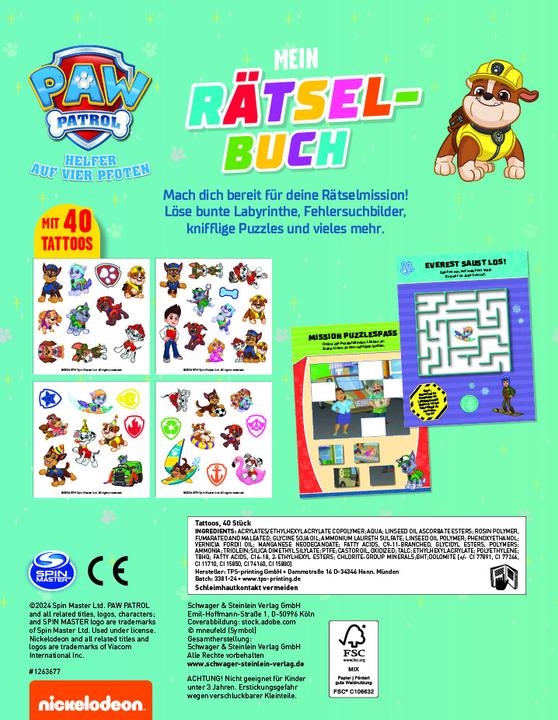 Immagine prodotto PAW Patrol Rätselbuch mit 40 Tattoos (Tedesco, Casa editrice Schwager & Steinlein, 2024)