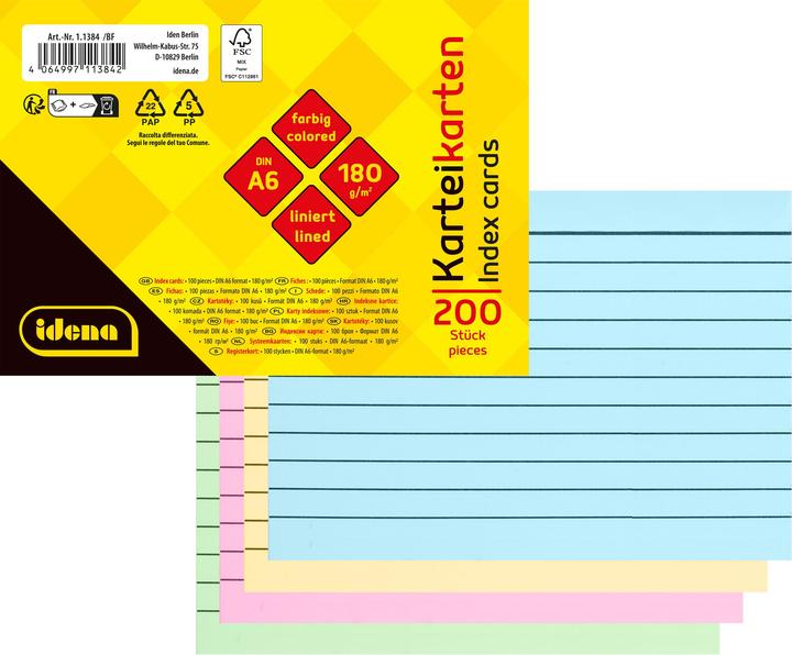 Image du produit Idena Karteikarten liniert 180g/m² DIN A6 200 Stück 4fach sortiert (A6, 200x, 180 g/m²)