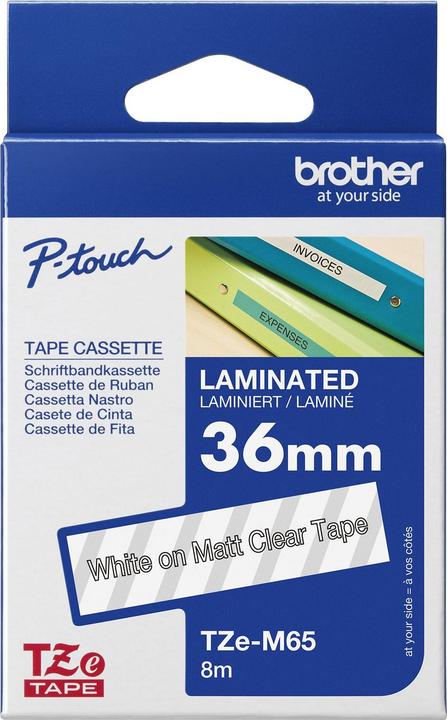 Brother Matte laminierte Etikettenbandkassette TZeM65 White auf transparentem Hintergrund, TZe, 8 m, 3,6 cm (3.60 cm, Transparent)