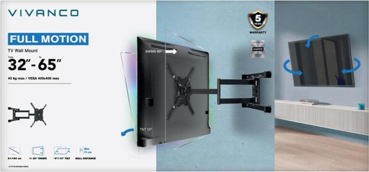 Image du produit Vivanco TV Wandhalter, Full Motion, VESA 400, 45 Kg (Mur, 45 kg)