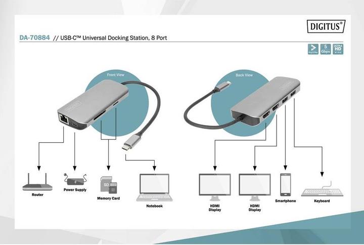 Image du produit Digitus Station d'accueil universelle USB-C™, 8 ports (Port de connexion (propriétaire), 8 ports)