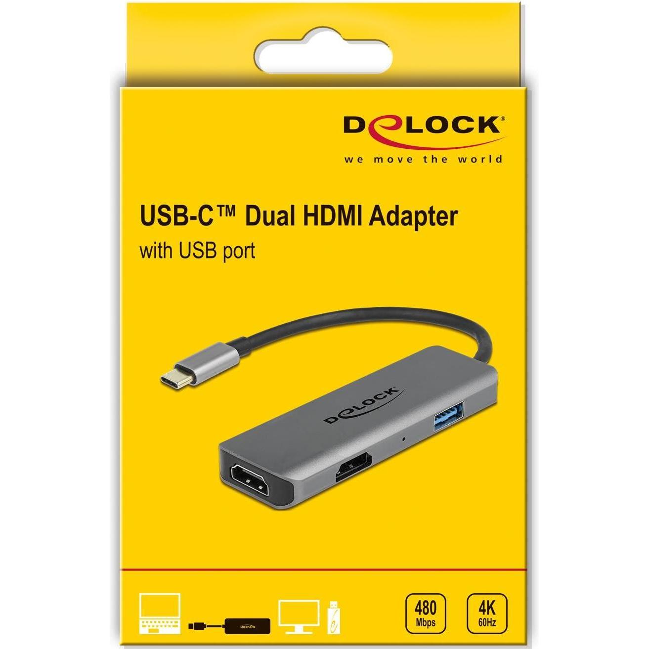 Thumbnail - Delock Adapter USB Type-C - HDMI/USB 2.0 4K 60 Hz (USB Typ-C, 9 cm), Data + Video Adapter, Grau
