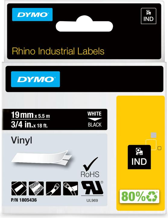 Produktbild Dymo Rhino 19mm weiß auf schwarz Vinyl (1.90 cm, Schwarz)