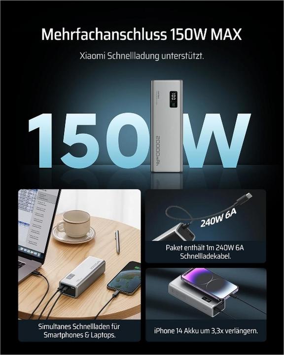 Image du produit Cuktech P+Serie Nr. 15 Powerbank 150W 20000mAh - Grau (20000 mAh, 150 W)