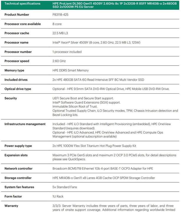 Nutritional values and ingredients HP E ProLiant DL360 Gen11, 9Y 8 Core, RDIMM 2R 5600 MT/s, 8xSFF, SATA RI (64 GB, Rack Server)
