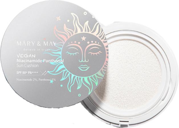 Actual product image Mary&May Vegan Niacinamide Panthenol Sun Cushion SPF50+ PA++++ 0.88oz Cooling & Soothing Moisturizin (Suntan cream, SPF 50+, 25 g)