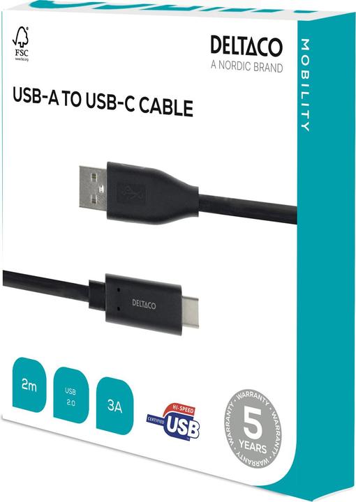 Produktbild Deltaco USB-C till USB-A kabel 2m 3A USB 2.0 svart (2 m, USB 2.0)