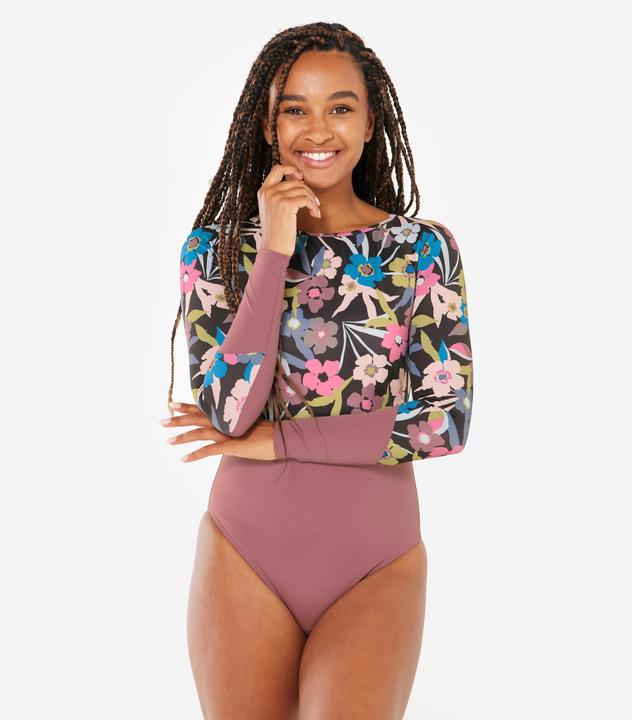 Actual product image Olaian Badeanzug Surfen Damen langarm Mary Azalea violett geblümt (36)