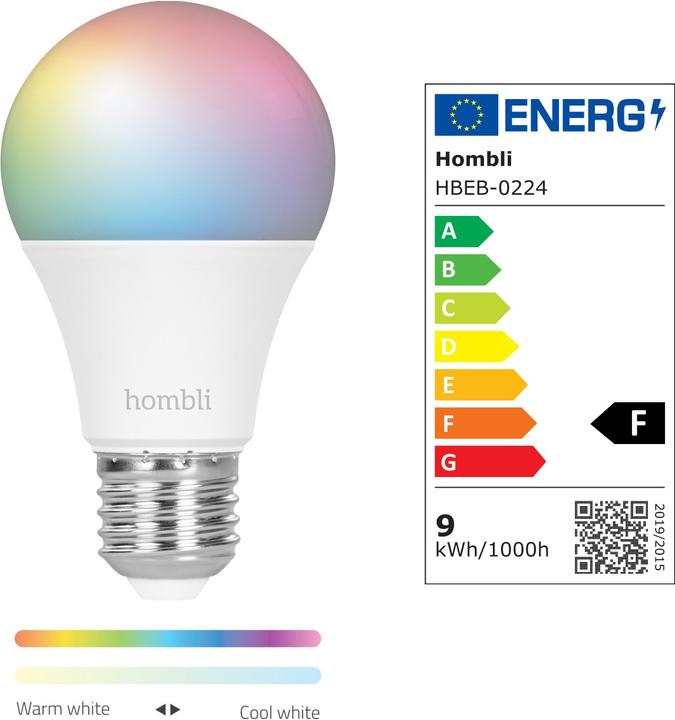 Energie-Label Hombli Smart Bulb 9W RGB (2x) (E27, 9 W, 800 lm, 2 x, F)