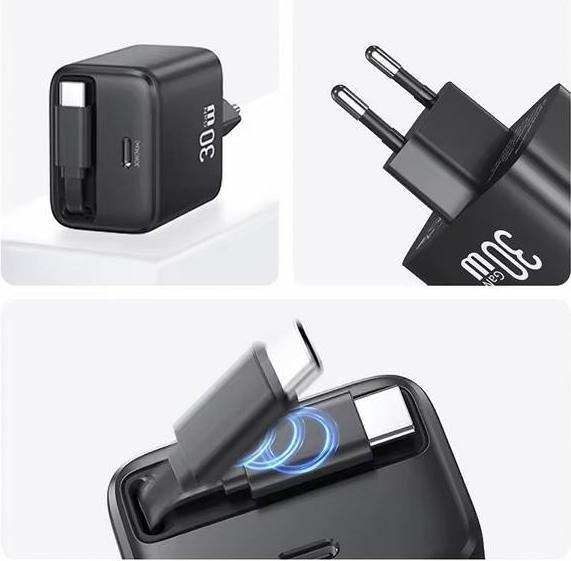 Image du produit Usams Ład. siec. 1xUSB-C ze zwijanym kablem USB-C Retractable PD+QC 30W Gan Fast Charging biały/whit (30 W)