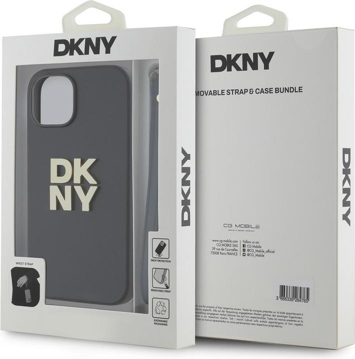 Actual product image DKNY PU Leather Stack Logo Wrist Strap Case for iPhone 13 Black (Apple iPhone 13)