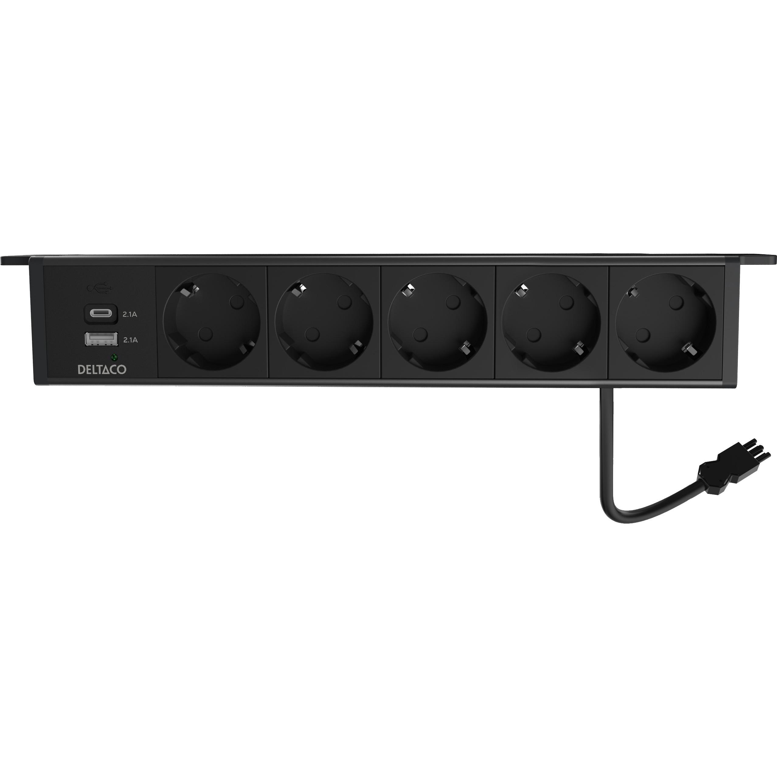 Deltaco virtapaneeli, 5 pistorasiaa, A+C USB-laturi, GST18-liitäntä (5x, USB-A, USB-C) (1902245)
