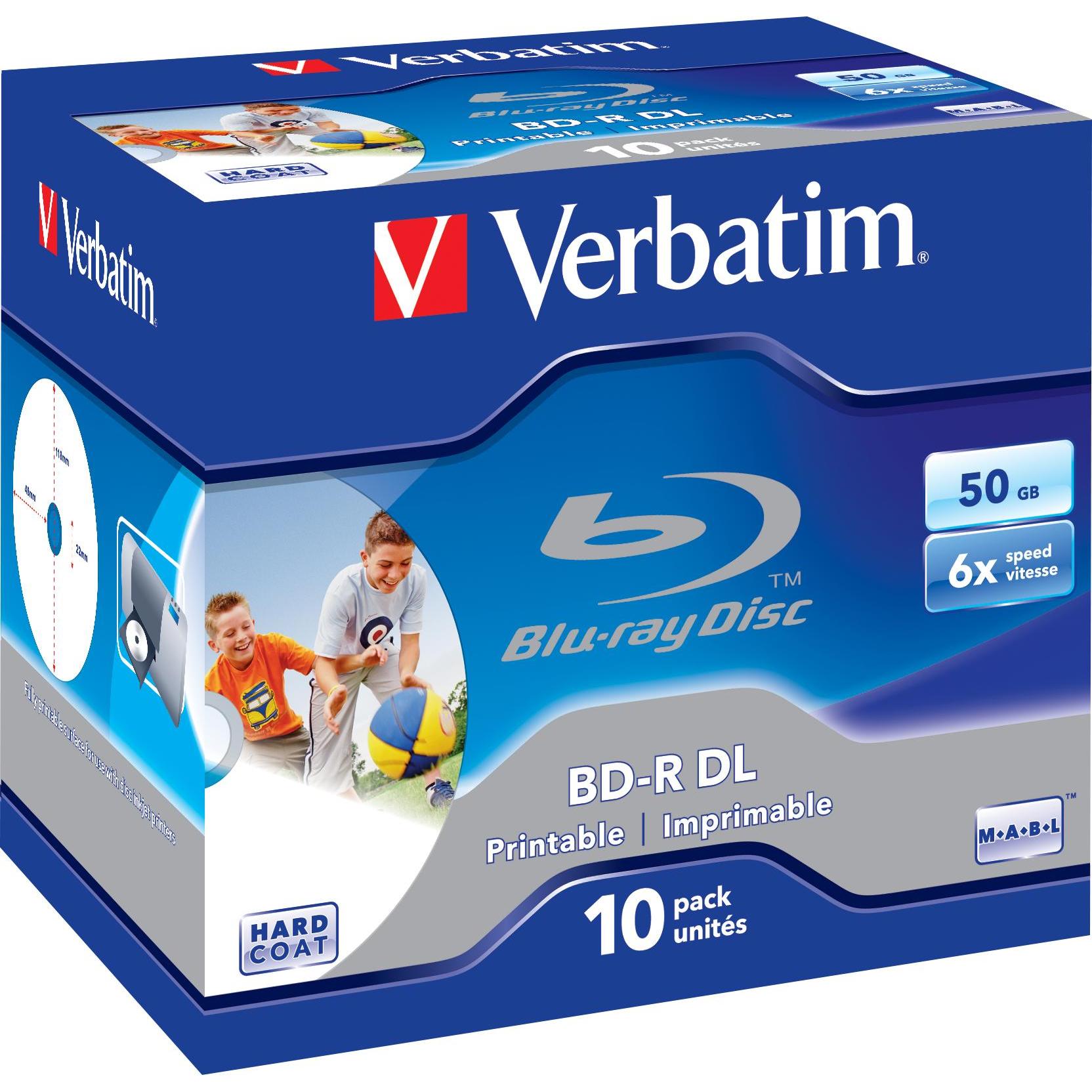 Verbatim 1x10 BD-R Blu-Ray 50GB 6x Speed printable Jewel Case (10 x), Optischer Datenträger