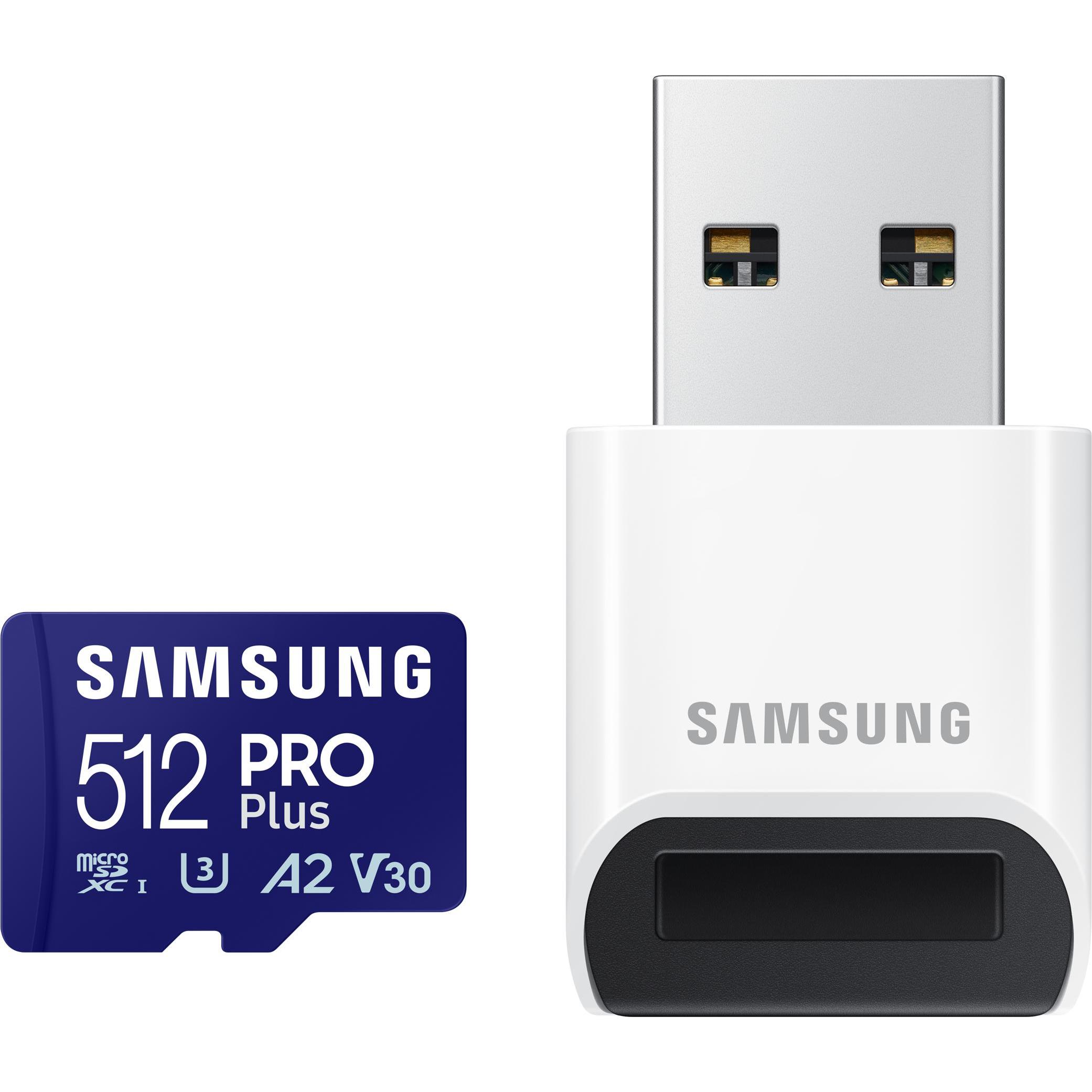 Samsung PRO Plus mit USB-Cardreader (512 GB, microSDXC, U3, UHS-I), Speicherkarte, Blau