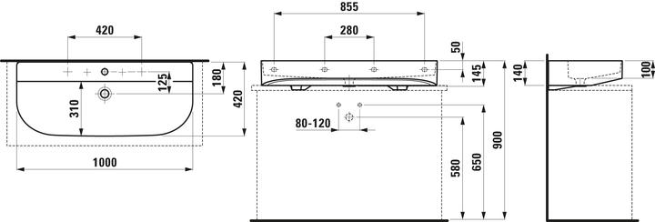 Actual product image Laufen Sonar countertop washbasin, 3 tap holes, with overflow, 1000x420mm, polished, H816347 (1052 mm, 190 mm)