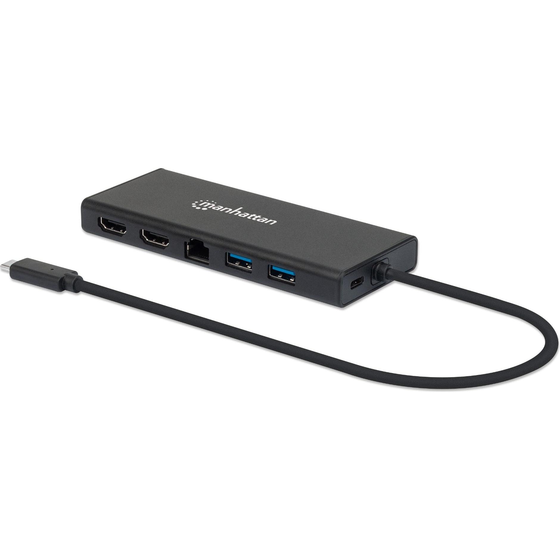 Manhattan SuperSpeed USB-C to Dual HDMI Multiport Adapter (Docking Port, 6 Ports), Dockingstation + USB Hub, Schwarz