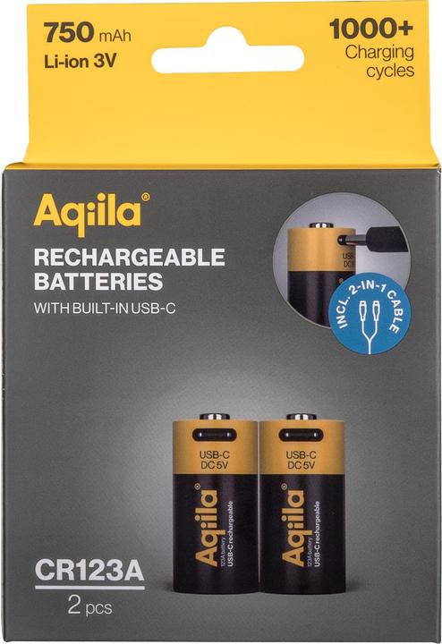 Actual product image Aqiila - USB-C Rechargeable Battery - Size CR123A - 750 mAh - 2-pack (2 pcs., RCR123A, 750 mAh)