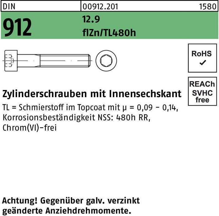 Produktbild Reyher Zylinderschraube DIN 912 m.Innensechskant M 12 x 60 12.9 zinkbesch Gleitmittel flZnnc 480h-L (100 Schrauben pro Stück)