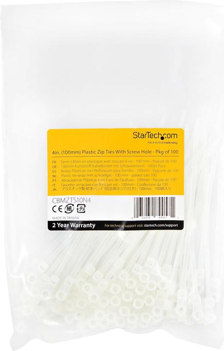 Actual product image StarTech 10cm(4") Cable Ties with Mounting Hole, 2mm(1/16") wide, 24mm(7/8") Bundle Dia. (Plastic cable ties, 3 mm, 100 pcs.)