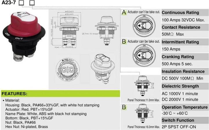 Immagine prodotto SCI A23-7B Interruttore batteria auto A23-7B 32 V/DC 100 A 1 x off/on a scatto 1 pz.