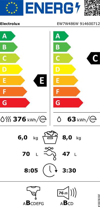Energie-Label Electrolux WaschmaschineDualCare, SteamCare, SensiCare 8 6 kg, 1600 Umin, E