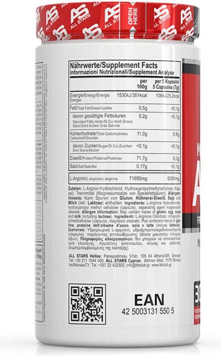 Nährwerte und Zutaten All Stars Arginin 2000 (150 Caps) (150 Stück, Kapseln, 200 g)