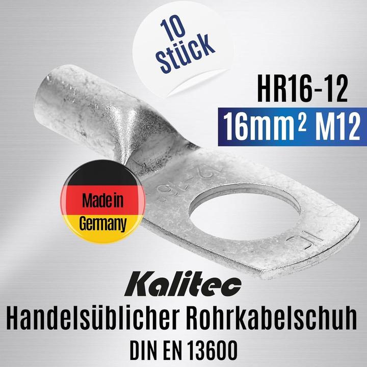 Produktbild Kalitec 10 Stück HR16-12 Handelsübliche Rohrkabelschuhe 16mm² M12 I ohne Sichtloch I Made in Germany