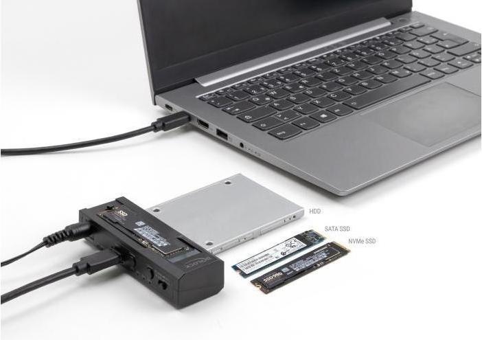 Produktbild Delock USB Type-C Konverter für 1 x M.2 NVMe SSD + 1 x SATA SSD / HDD mit Klon Funktion