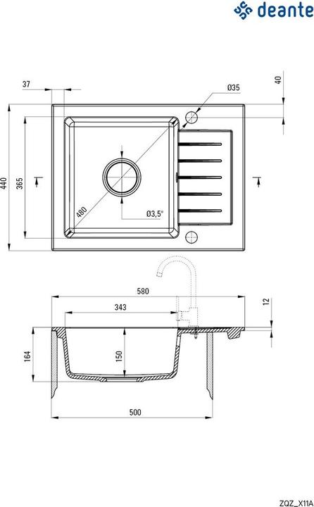 Productafbeelding Deante 1-bowl granieten gootsteen met afdruipvlak (44 cm, 58 cm)