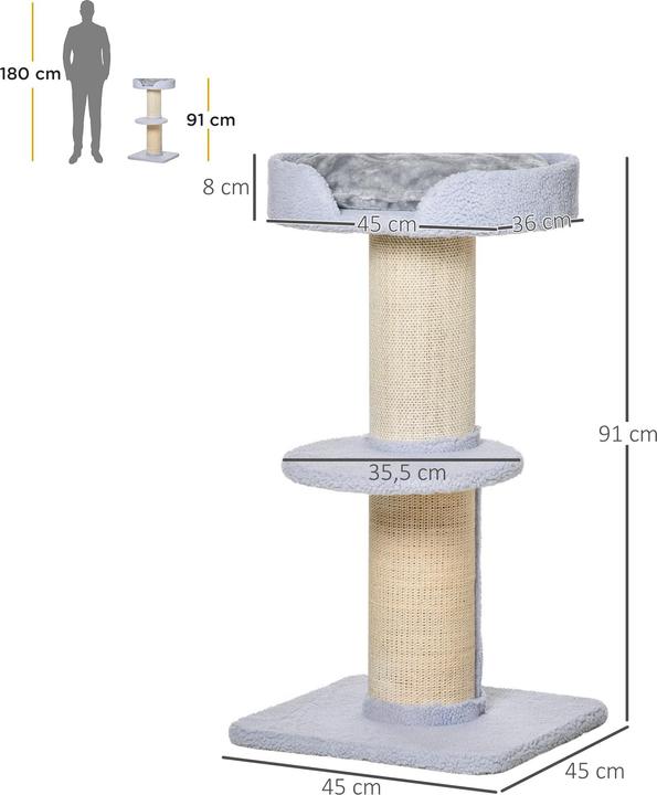 Produktbild PawHut Kratzbaum mit Plattform (91 cm, Hellgrau, Blau)