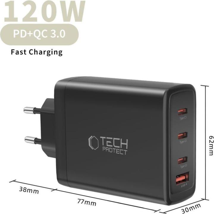 Actual product image Tech-Protect NC120W-GAN 4-PORT NETZTEIL PD 120W / QC3.0 SCHWARZ (120 W, 4 ports)