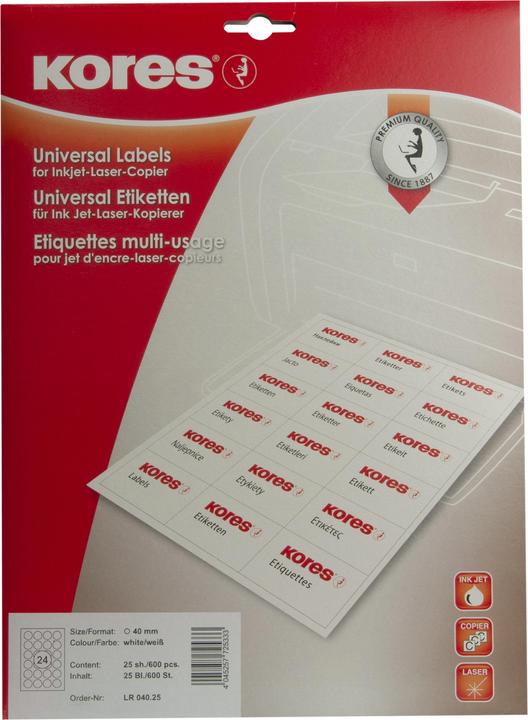 Actual product image Kores Universal labels, diam.: 40 mm, white, 25 sheets