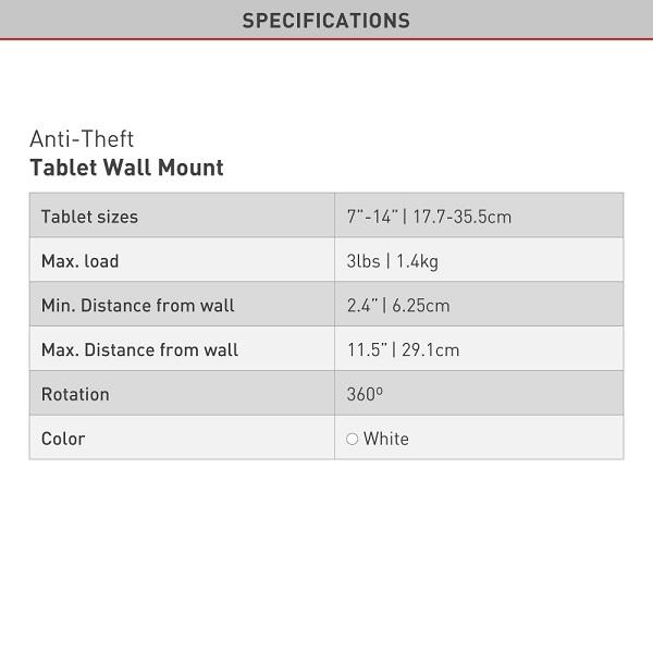 Valeurs nutritives et ingrédients Barkan Support mural pour tablette 7-14", verrouillable, blanc