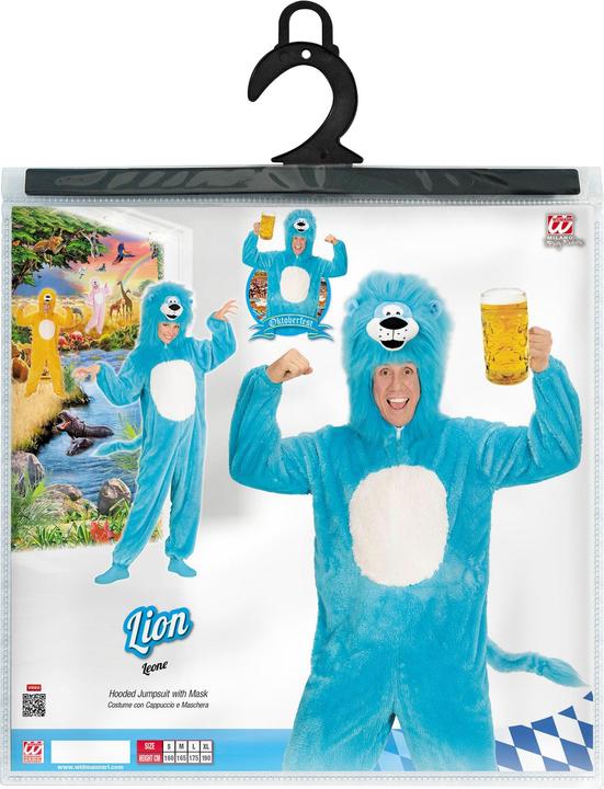 Actual product image Widmann Blue lion plush costume jumpsuit with hood adult (M, L)