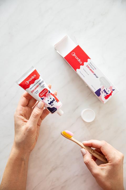 Actual product image Nordics Toothpaste Kids Strawberry Splasch probiotic without fluorine (50 ml)